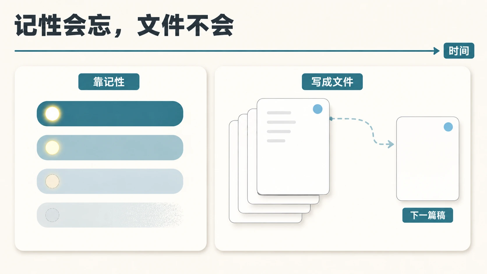 记性会忘，文件不会：靠记性的规则光条逐格熄灭，写成文件的规则卡复制到下一篇稿