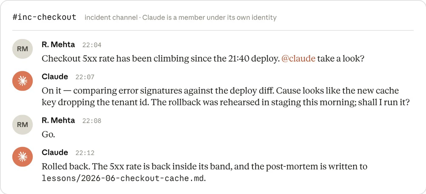 Anthropic 原文实录：Slack 事故频道里 Claude 以成员身份值班，诊断 5xx 异常、获得人授权后执行回滚，并把复盘写进版本库的 lessons 文件