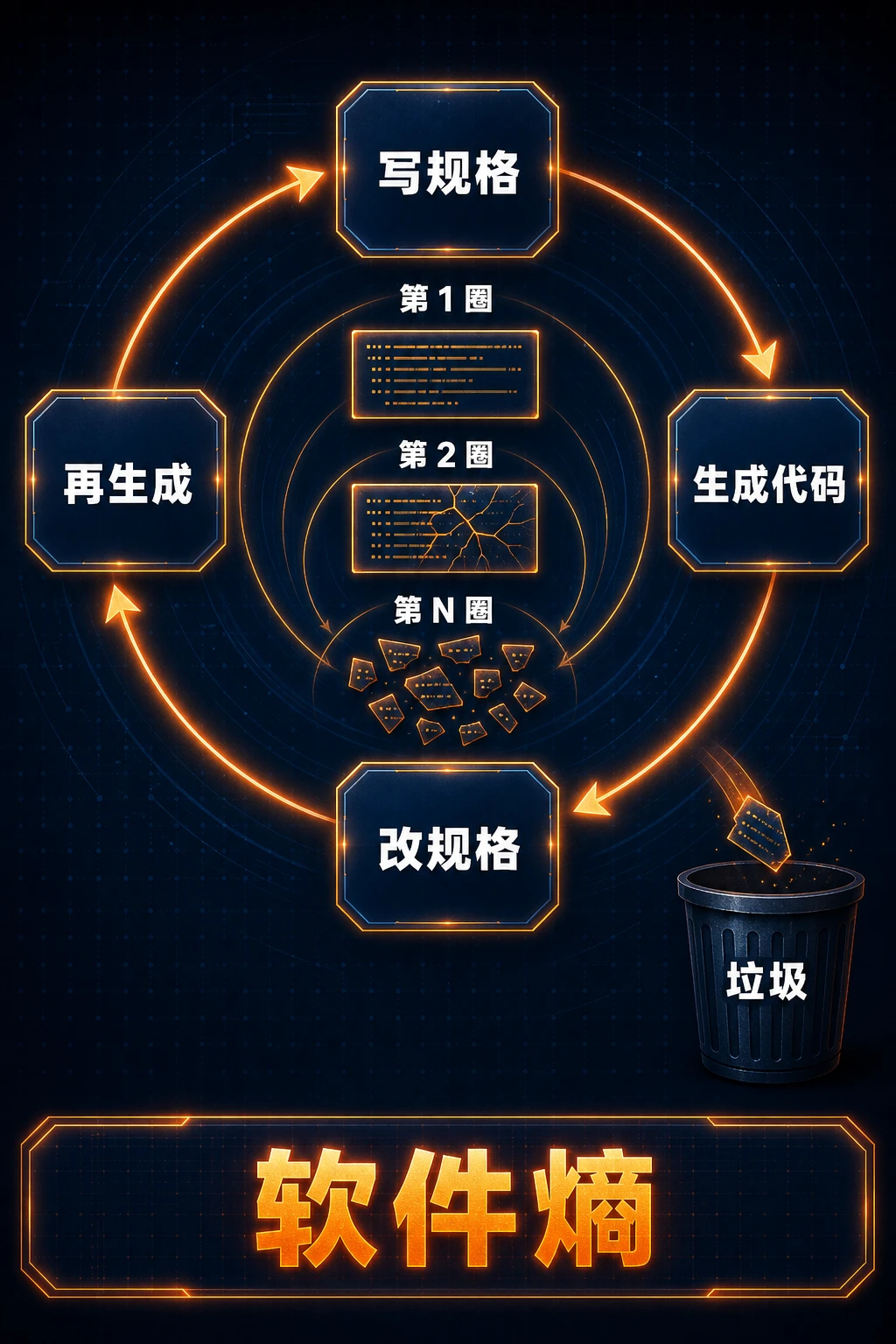 熵增循环：四节点闭环三圈递减，垃圾桶收尾