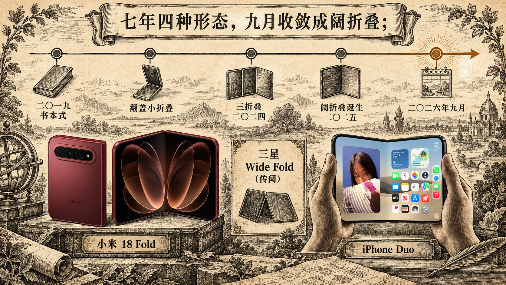 版画时间线：2019 书本式、翻盖小折叠、2024 三折叠、2025 阔折叠诞生，到 2026 年 9 月小米 18 Fold、iPhone Duo、三星 Wide Fold（供应链传闻）三家汇聚阔折叠