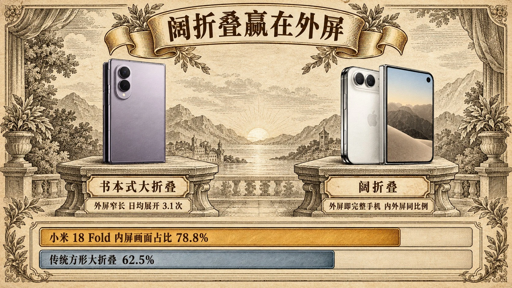 书本式大折叠与阔折叠真机对照：合盖外屏窄长对外屏即完整手机，同样看 16:9 视频内屏画面占比 78.8% 对 62.5%