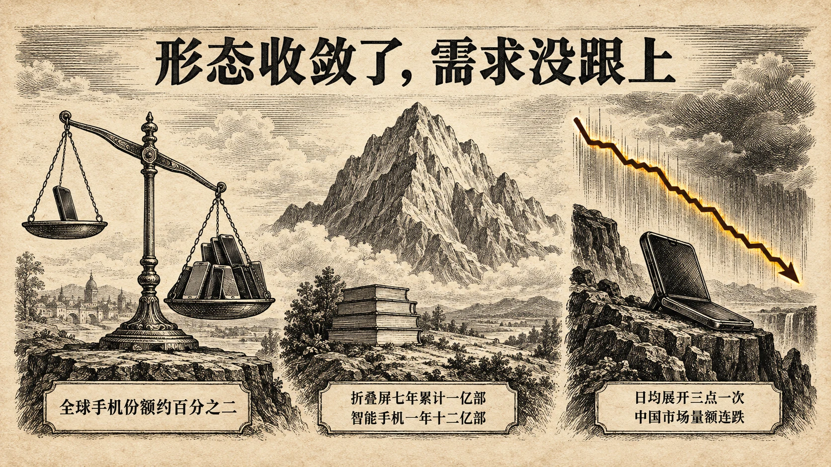 数据三联：折叠屏全球手机份额约 2%、七年累计 1 亿部对智能手机一年 12 亿部、日均展开 3.1 次、2026 上半年中国量额连跌，唯一亮色是 Pura X Max 四个月出货 120 万台